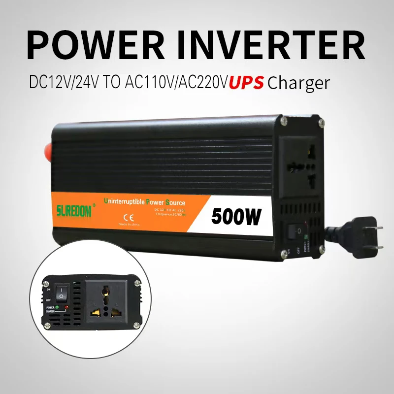 SUREDOM  500W Peak 1000W  DC to AC Power  Inverter 12V/24V TO 220V Automatic  UPS  10 Amps