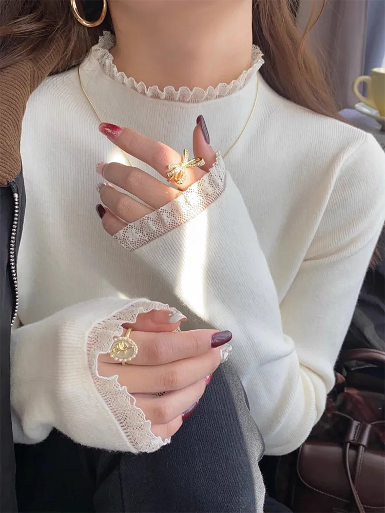 Suéter básico de renda sem gola alta para mulheres no outono e inverno, novo design de suéter de gola média de 2025, top de malha slim fit