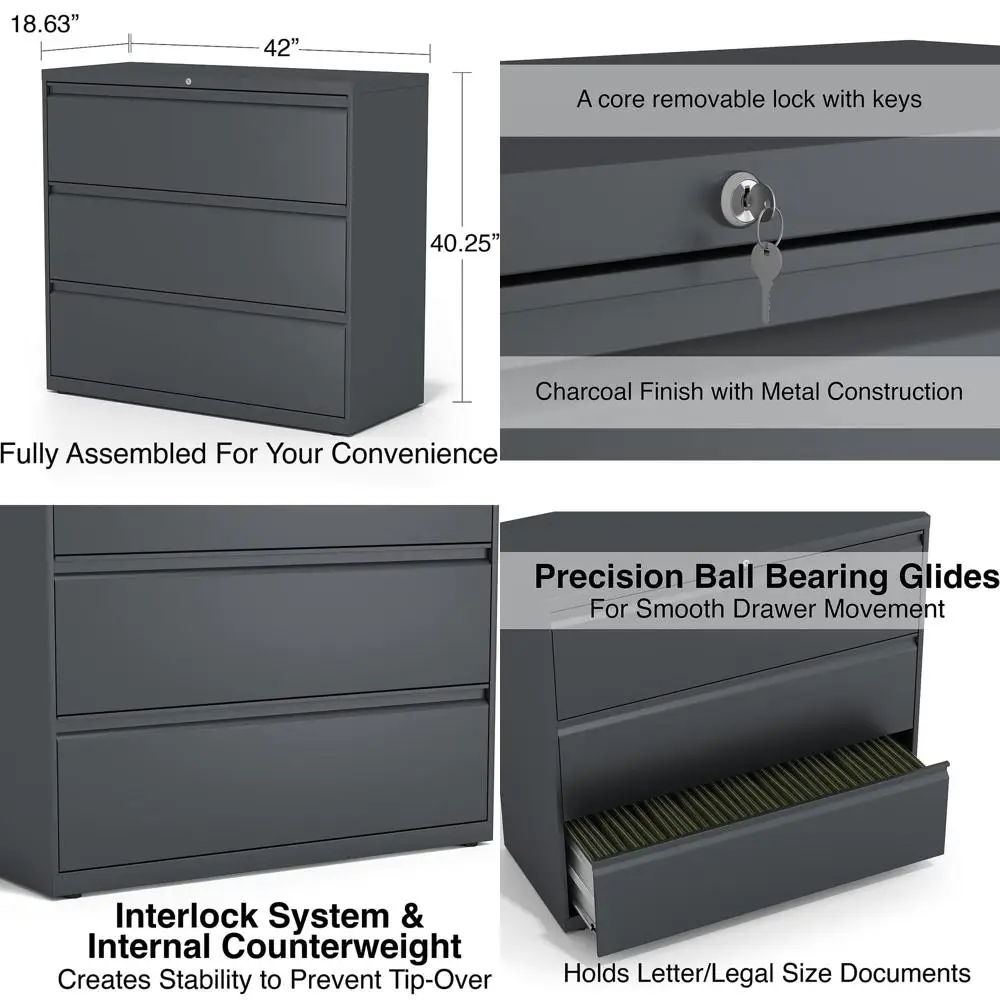 

Шкаф для документов с 3 выдвижными ящиками, цвет угольный, 42x18.625x40.25 дюймов