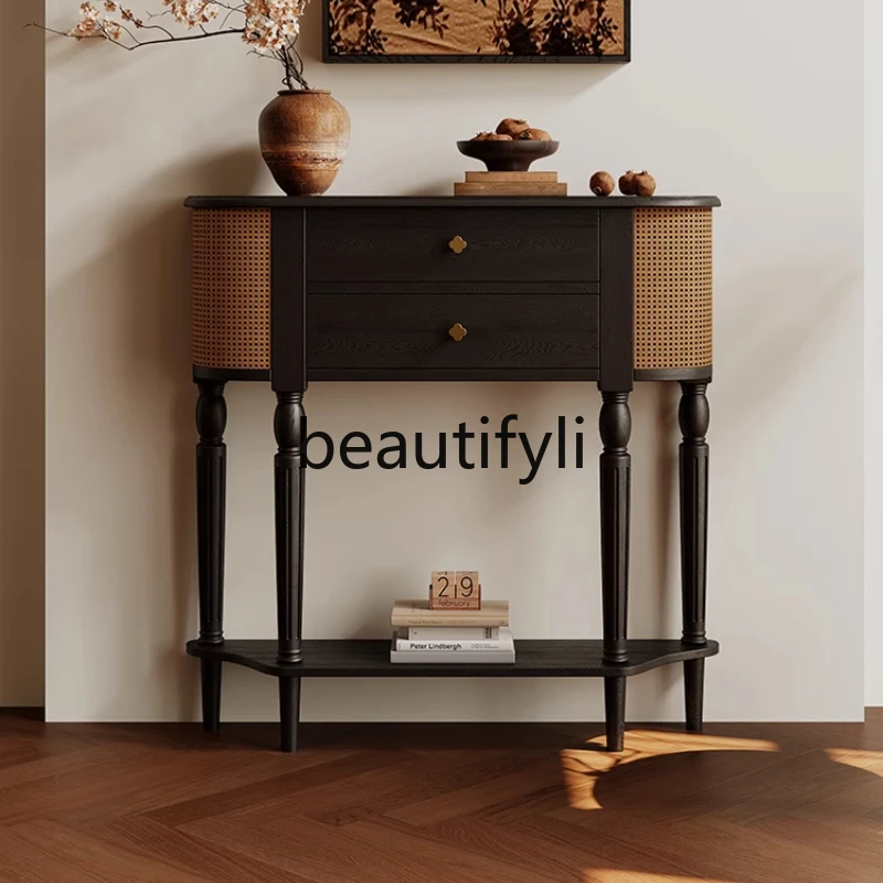 

French retro solid wood entrance decorative cabinet simple American living room ash wood arc display storage cabinet