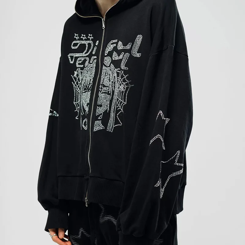 Women Rhinestone Y2K Cartoon Hoodies Punk Jackets Streetwear Goth Harajuku Oversized Zip Up Hoodie