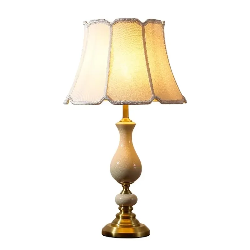 Light Luxury All Copper Desk Lamp Living Room Sofa Side Lamp American European Ceramic Cloth Hotel Bedroom Bedside Study Lamp