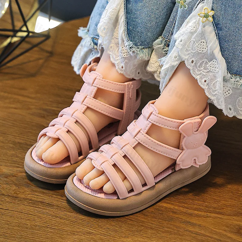 

Children Sandals 2025 New Summer Girls Kids Roman Sandal Soft Flat Heels High-top Fashion Cartoon Beach Princess Shoes Side Zip