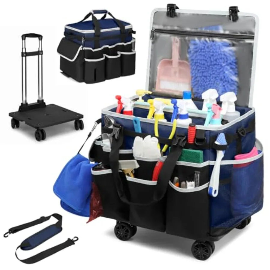

Large Rolling Cleaning Caddy Bag with Detachable Trolley Full Support Plates for Professional Cleaning Supplies Bag Organizer B