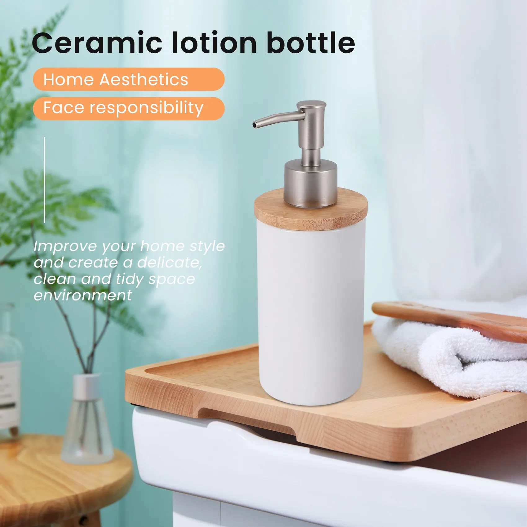 400Ml Ceramic Soap Dispenser, Nordic Style, Lotion Dispenser Soap Dispenser for Kitchen and Bathroom -White