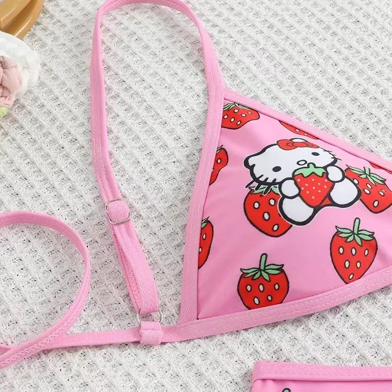 2Pcs Hello Kitty Bikinis Set Kawaii Swimsuit New Sexy Women 2024 Bikini Summer Y2k Strappy Panties Adjustable Swimwear Beachwear