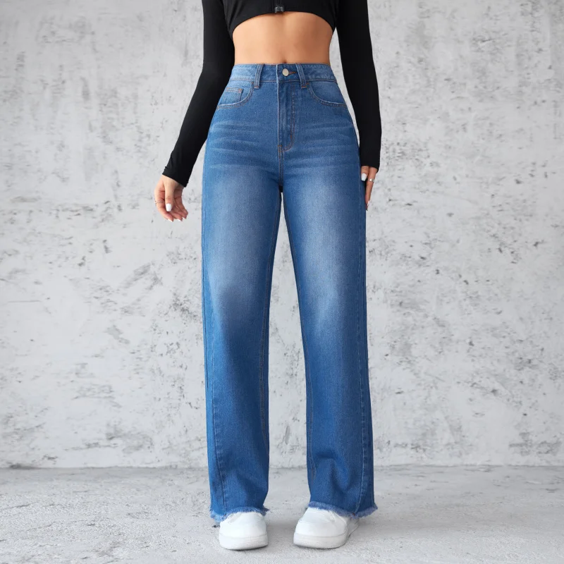 

Washed Distressed Denim Straight Pants Vintage Women Jean Pockets High Waist Loose Fit Ankle Length Wide Leg Pants Basics