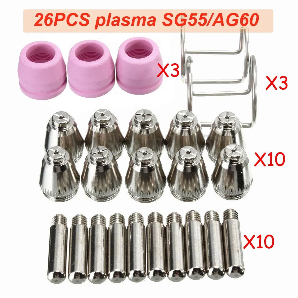 26 Pieces Plasma Cutter Torch Consumables Electrode Nozzles Cups Kit Galvanized Copper Ceramic SG-55 AG-60 Consumables