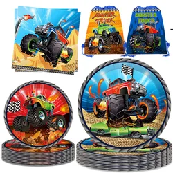 Monster Truck Party Supplies Machines Truck Theme Disposable Tableware Paper Plate Cup Napkin Balloon Boys Birthday Decoration