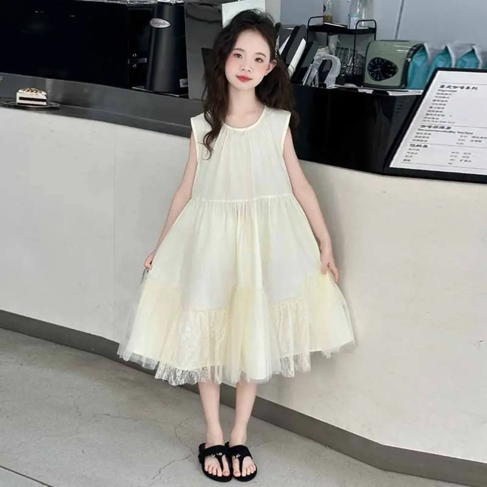

Fashion Loose Girls Sleeveless Dress Pleated Teenagers Summer Dresses Sweet Lace Mesh Children Princess Dress Holiday