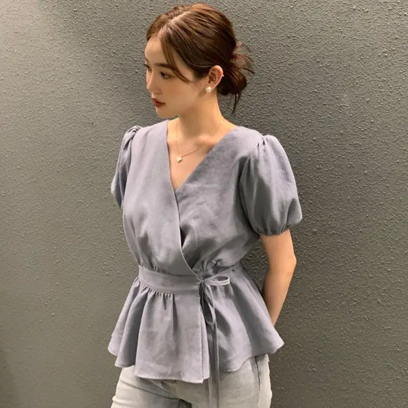 

Korean Chic Summer Retro Versatile Cross V-neck Lace-up Waist Slimming Puff Sleeves Ruffle Shirt TopYY159