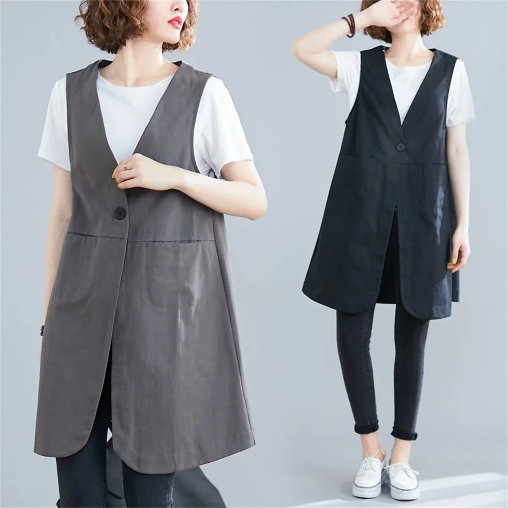 Cotton Linen Vest Women Waistcoat New Spring Summer Loose V-Neck Sleeveless Vest Top Long Grey Black Casual Vest Jacket V745