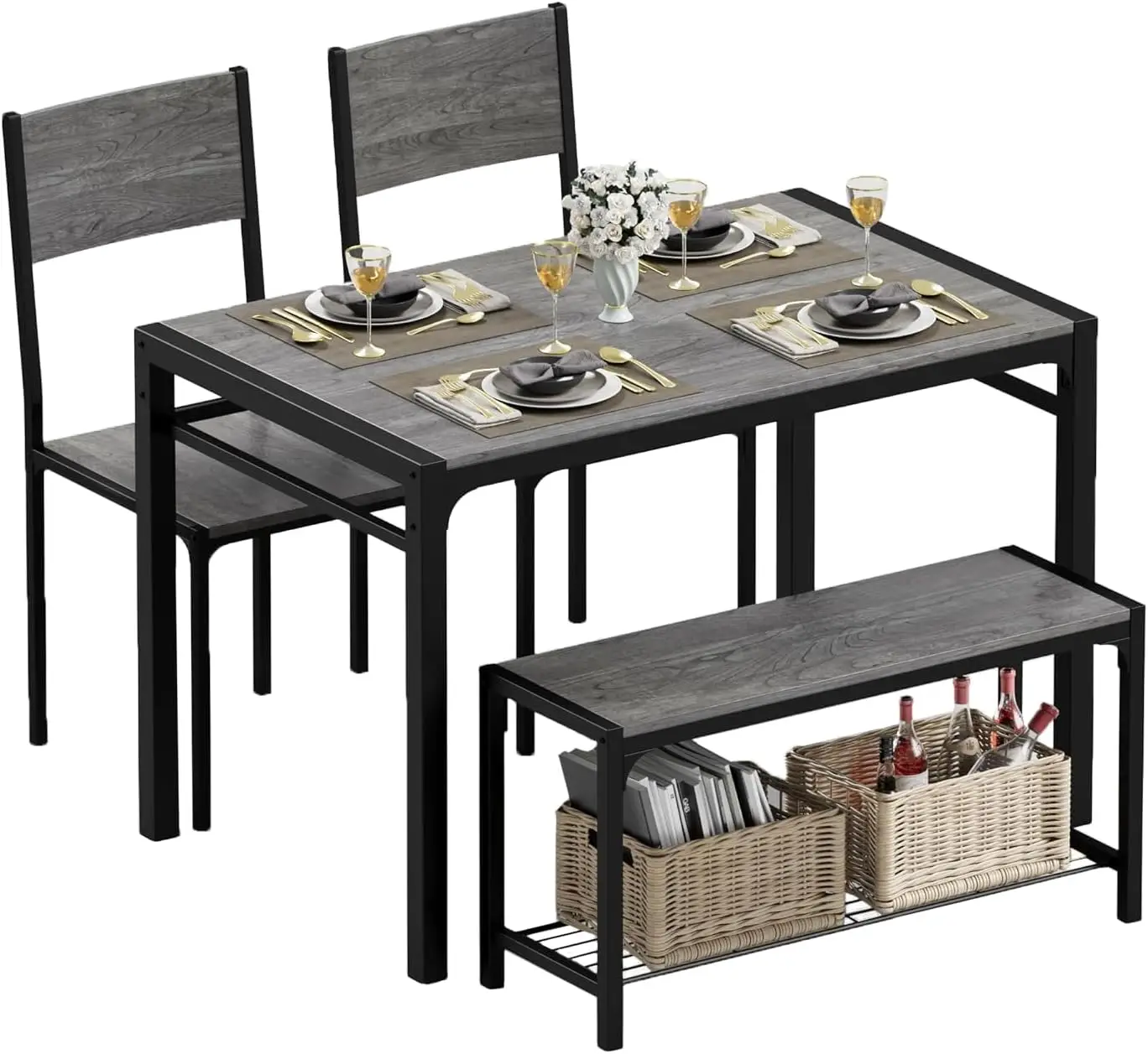 43.3' Modern Dining Table Set for 4 with Bench & 2 Chairs, Grey Metal Frame, Compact Kitchen Furniture