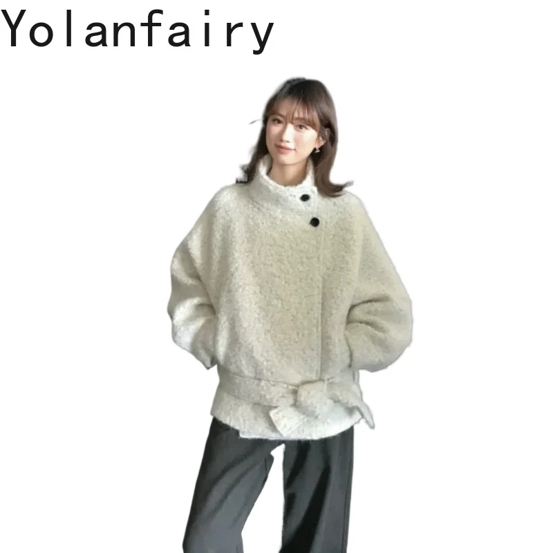 YOLANFAIRY Fashion 50% Wool Coat Women Autumn Winter Elegant Woolen Alpaca Mohair Blend Jacket Korean Warm Overcoat Outerwear