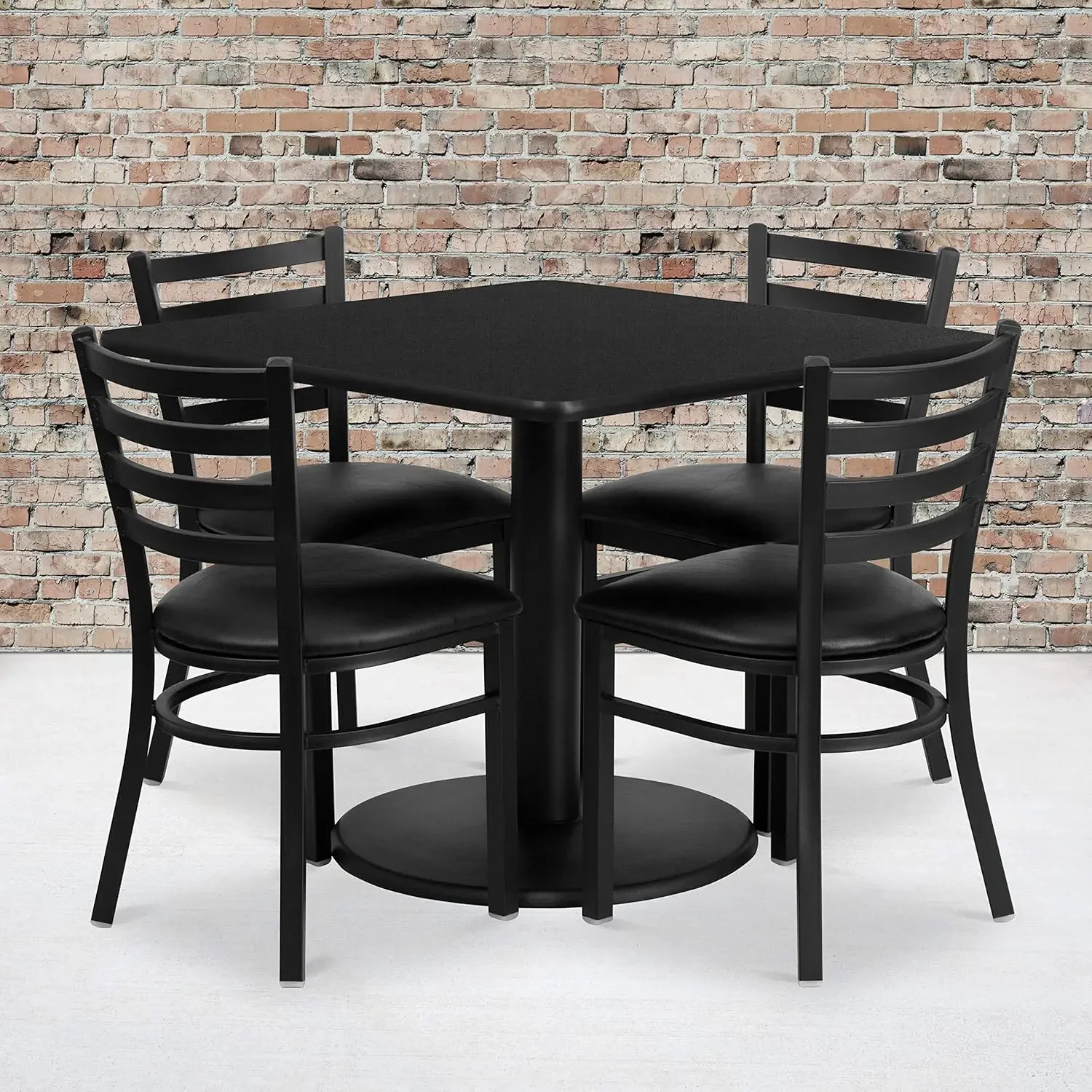 

36'' Square Black Laminate Table Set with Round Base and 4 Ladder Back Metal Chairs - Black Vinyl Seat