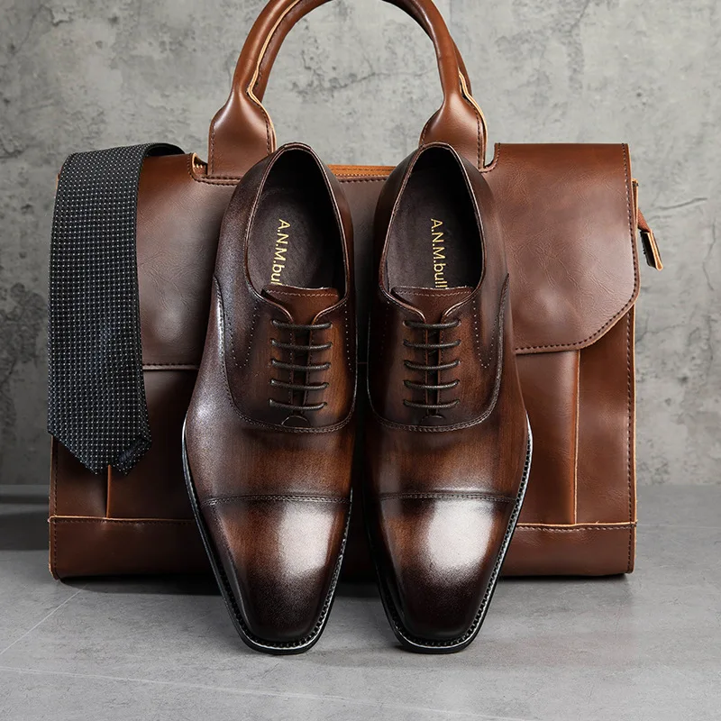 Men's Genuine Leather Oxford Shoes Business Dress Cowhide Lace-Up Suit Men's Shoes High-End British Style Luxury Mengke Shoes