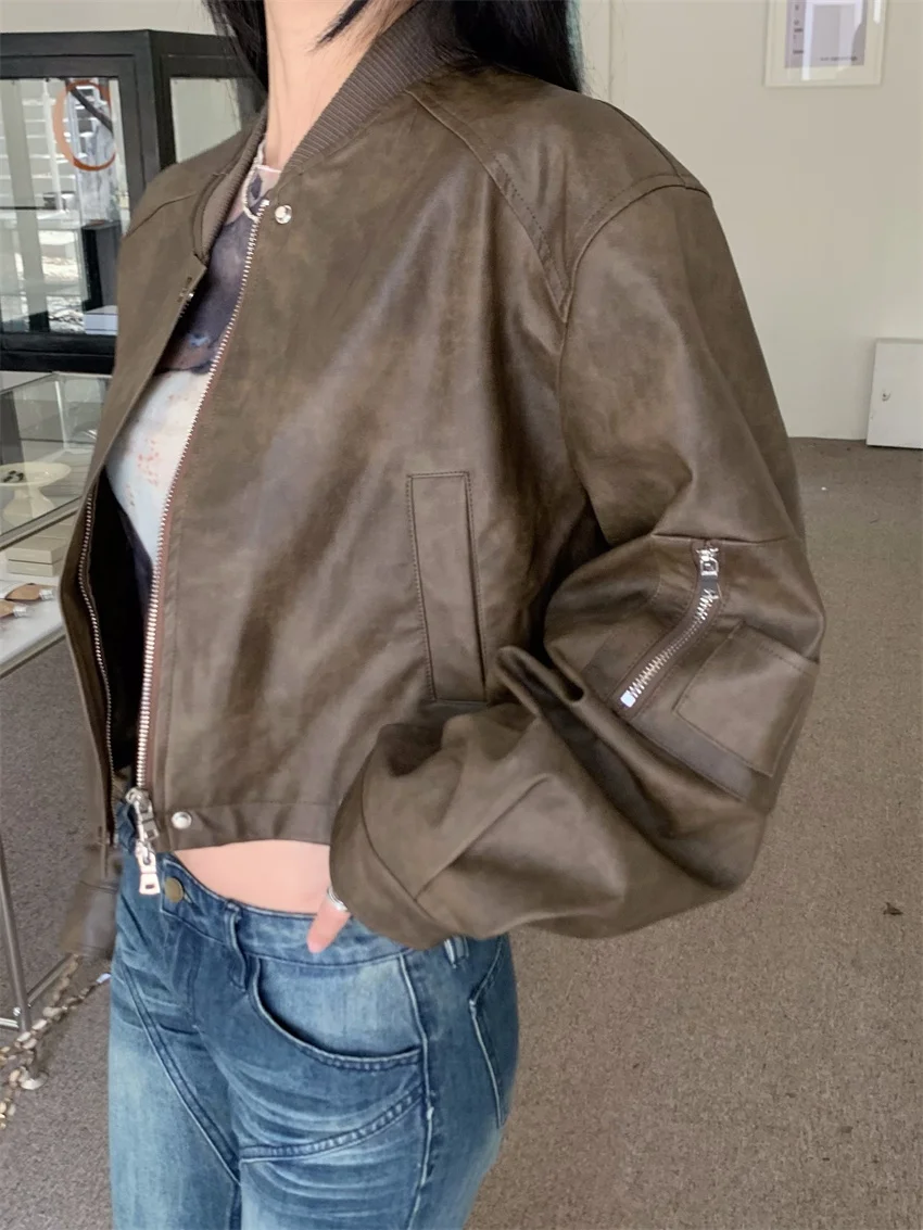 

PLAMTEE Vintage PU Baseball Jackets Women Chic Fashion Loose All Match High Street Winter Elegant Casual Office Lady Coats