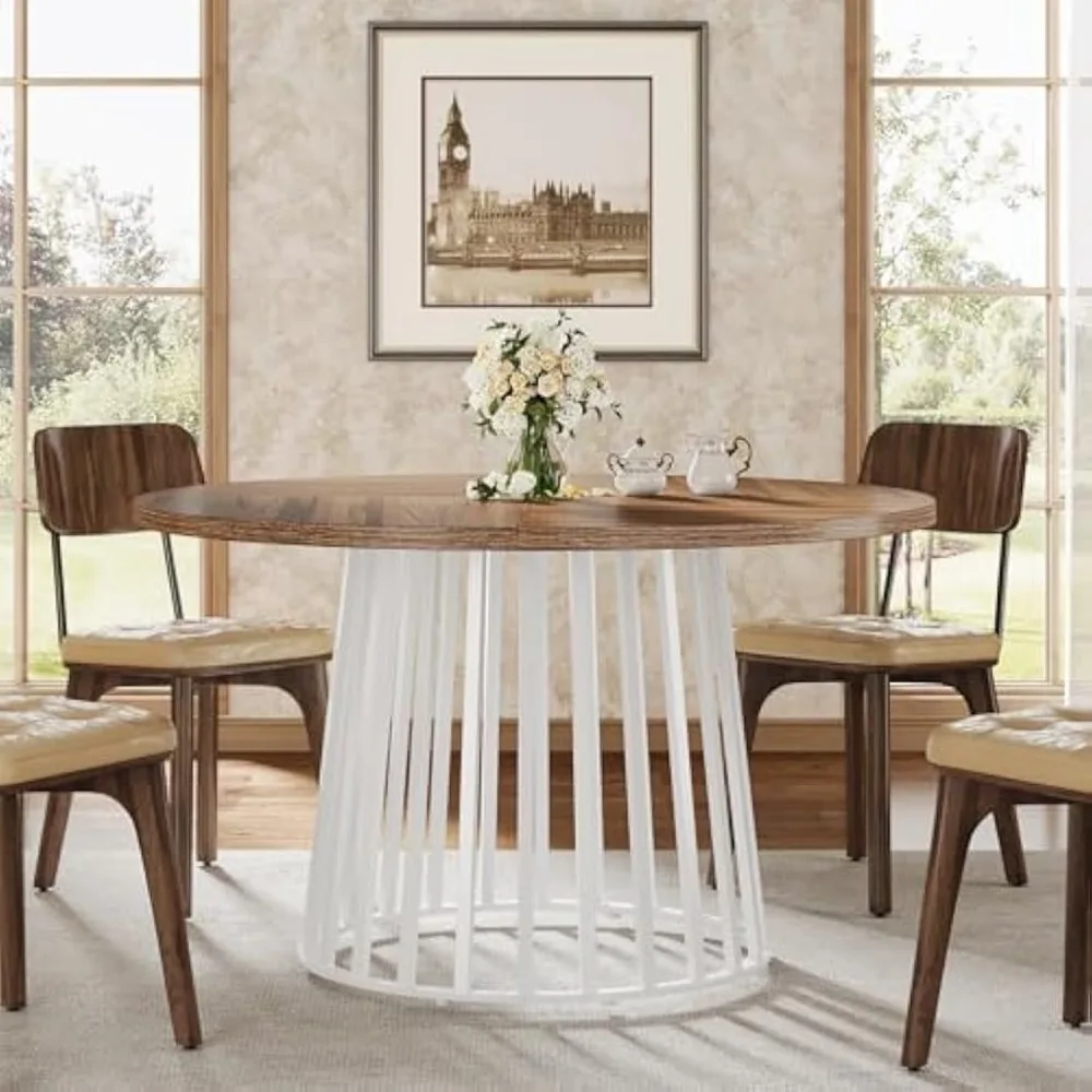 47 Inch Round Dining Table, Farmhouse Dining Table, Round Kitchen Table with White Metal Base and Rustic Brown Color
