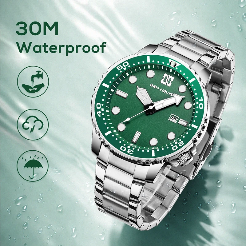 46mm BEN NEVIS Sports Quartz Watch 30M Waterproof Quartz Movement Luxury Green Diving Water Ghost Style Watch