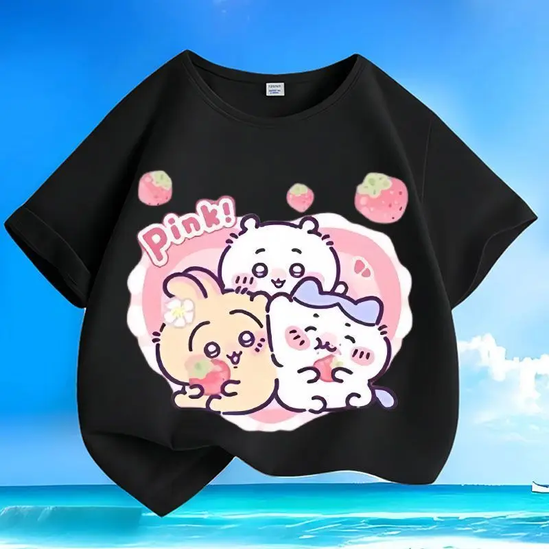 Kawaii Chiikawa Girls Short Sleeve Top Cotton Summer Tee Soft Breathable Skin-friendly Women Kids Casual T-Shirt Daily Wear Gift
