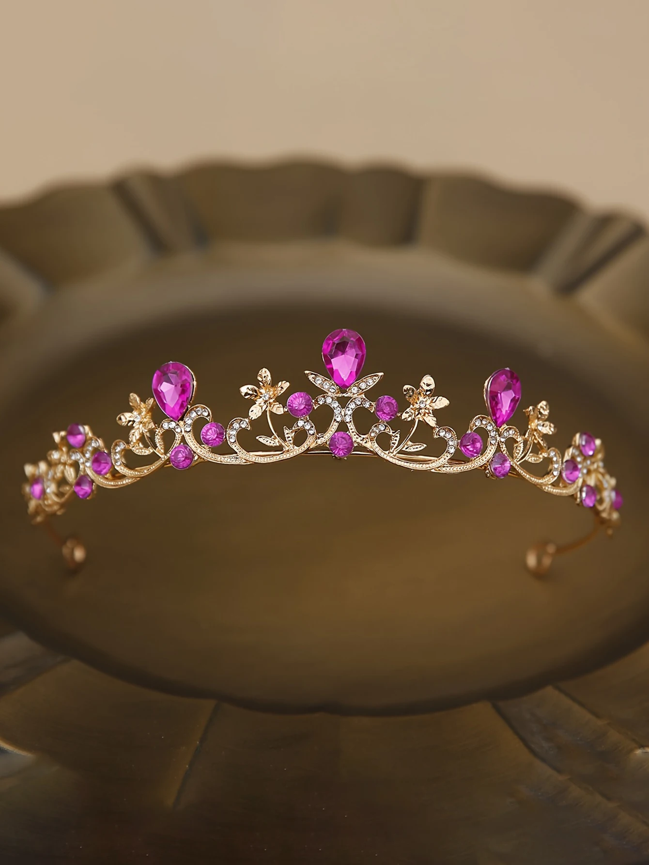 Golden Rose Gold Red Diamond Crown for Bridesmaid Headpiece Light Luxury Style Red Crystal Hairband. Wedding Dress, Formal Wear view 2