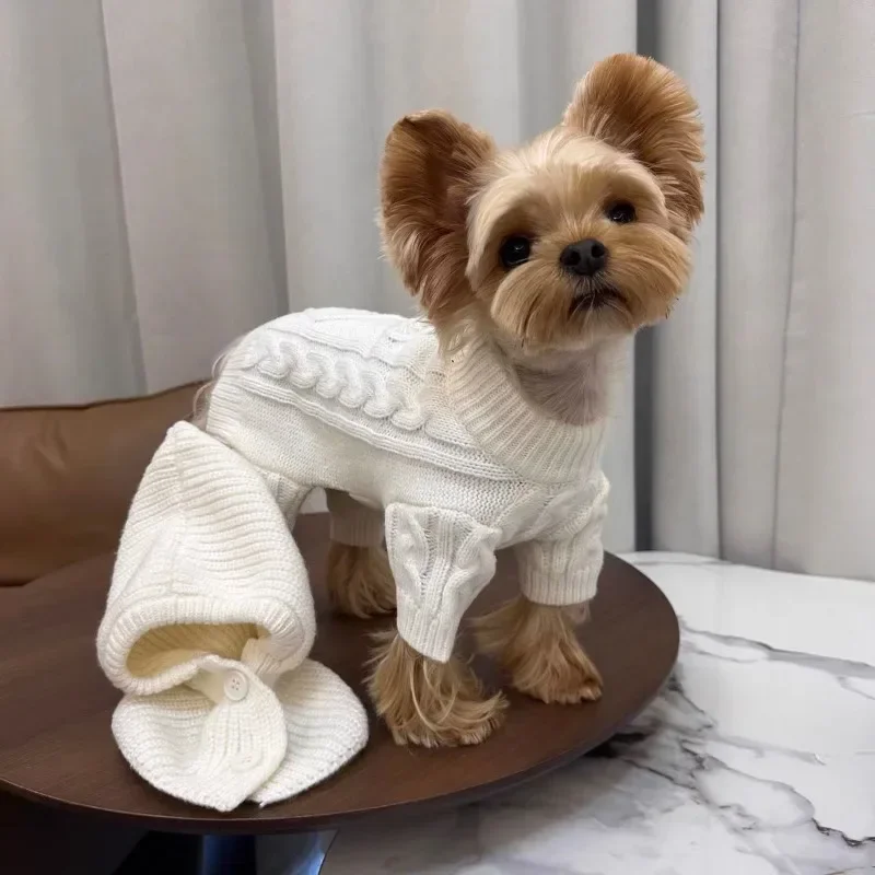 White Knit Sweater Jumpsuit for Small Dogs, Monochromatic, Simple, Fashion, Warm, Thick, Pet Items, Winter, Wholesale