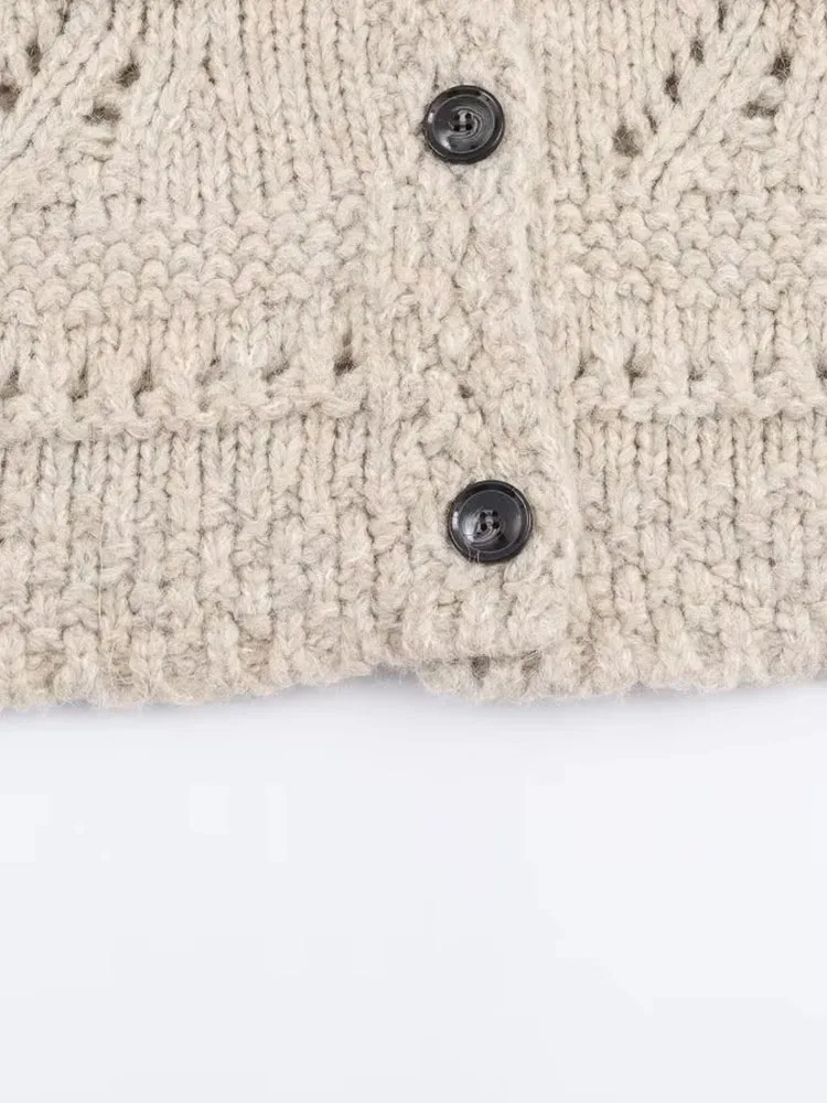 سترة نسائية لخريف 2025 مفرغة بإبرة خشنة سترة نسائية عصرية بأكمام طويلة وياقة مقلوبة سترة محبوكة مقصوصة #6