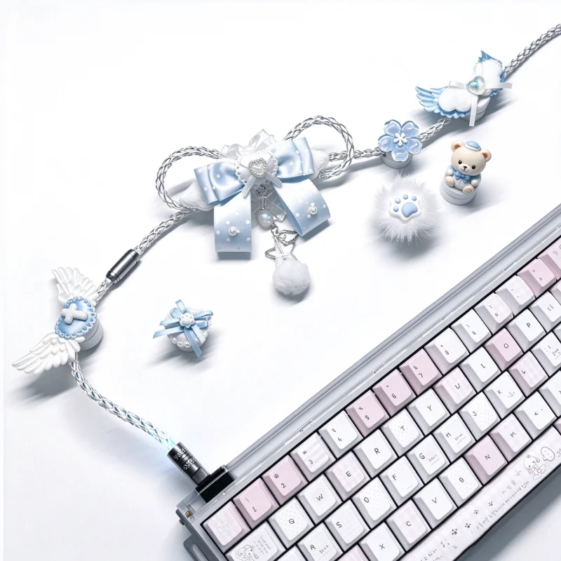 1.3m Aviator Cable 8k Type-c Handmade Blue White Style Luminous Cute Bow Decor Mechanical Keyboard Cable Wire Desk Setup Decor