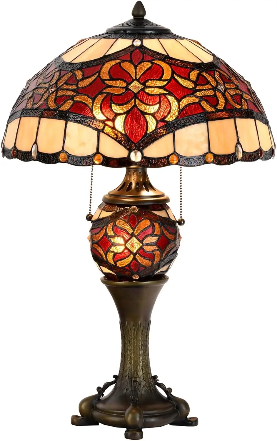 L10802 Baroque Tiffany Style Stained Glass Table Lamp Lighted Base For Living Room Bedside Home Decoration (16-Inch, Red)