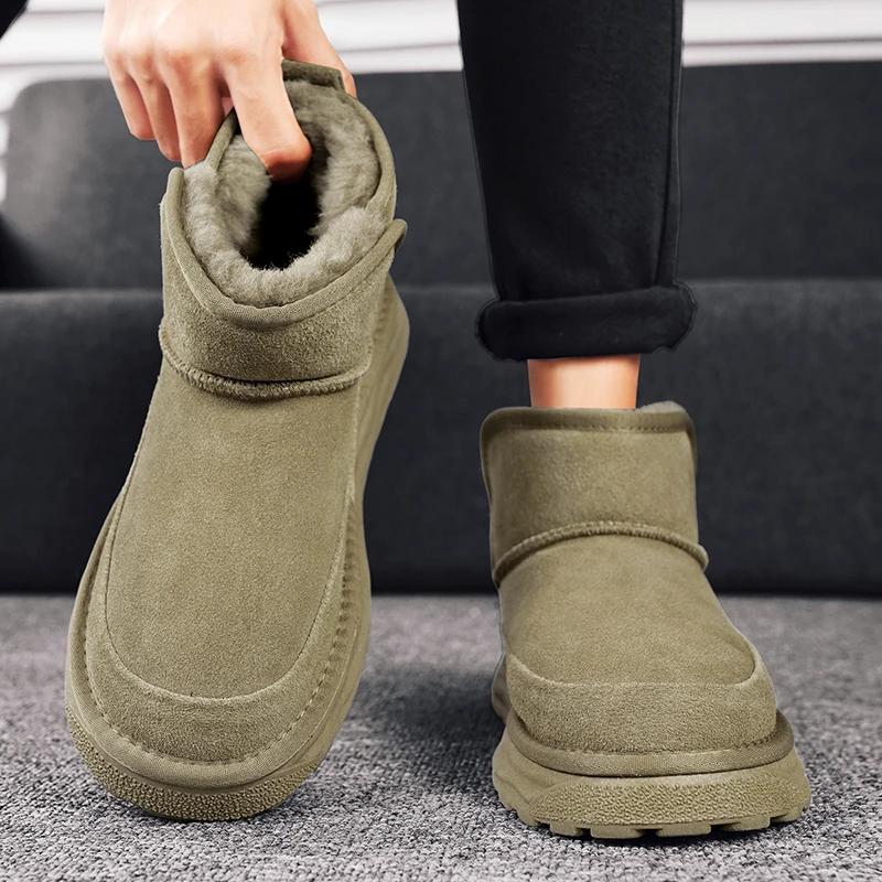 New Leather Men\'s Boots 2024 Winter Platform Warm Fur Ankle Short Slip On Fashion Casual Work Shoes Botas Platform Boots