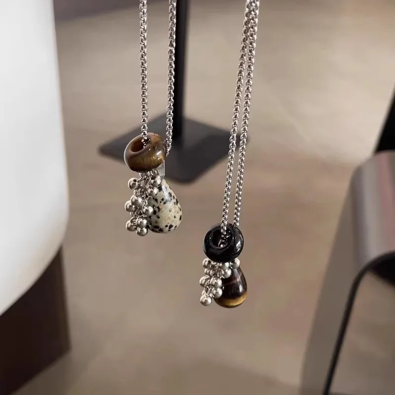 LATS Fashion Spotted Tiger Eye Stone Irregular Pendant Necklace for Women Long Chain Girls Charm Aesthetic Jewelry Accessories