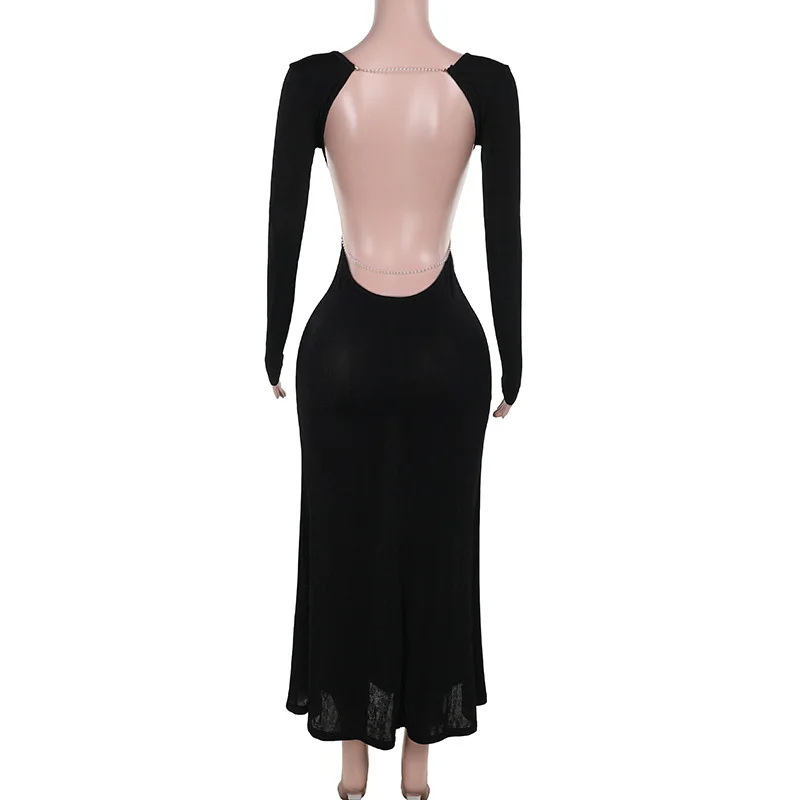 Vrouwen Elegante Backless Parelketting Lange Mouw Maxi Jurk Sexy Party Club Effen Zwart Herfst Vakantie Jurken Uitgesneden Gewaden