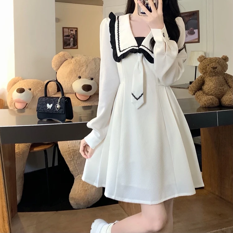 Plus Size 4XL Women Long Sleeve Sweet Navy Collar Dress Black White Patchwork A Line Mini Cute Dresses Female Large 2022 New