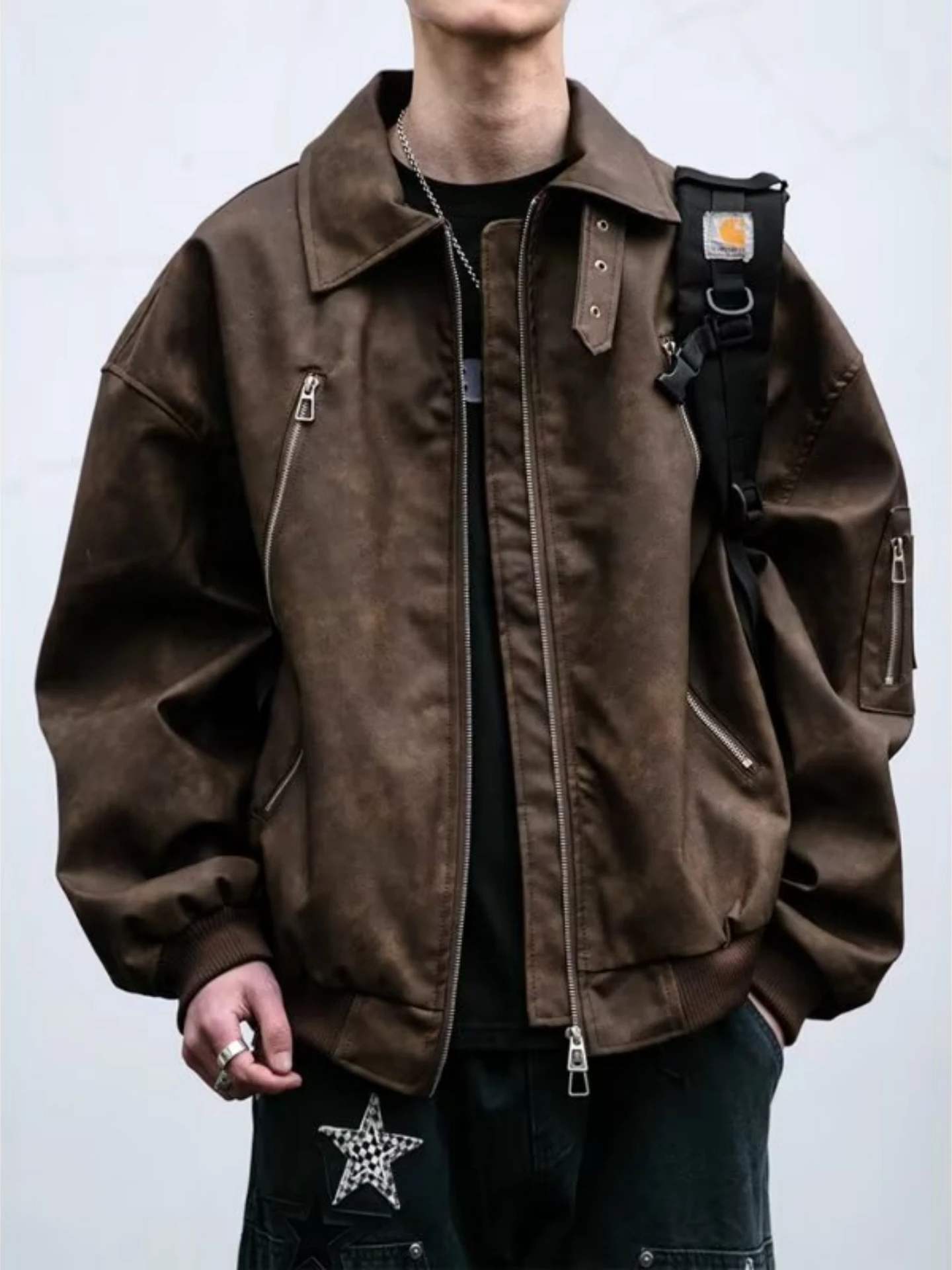 

Retro Japanese Sle Motorcycle Jaet Men's Loose Fit Windproof Double Zipper Stand Collar Faionable Youth Outerwear