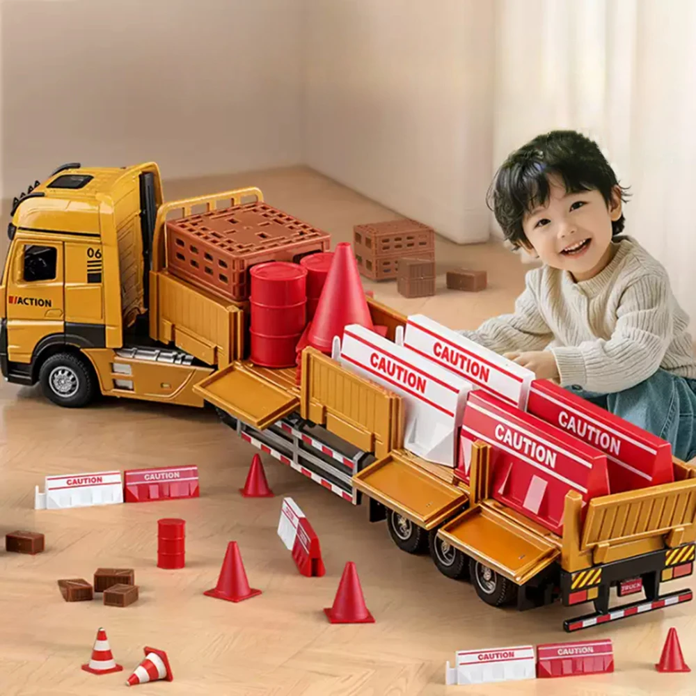 1:32 Roadblock Transport Truck Flatbed Trailer Model Toys Diecast Alloy Car Doors Opened Sound Light Pull Back Vehice Boy's Puzz