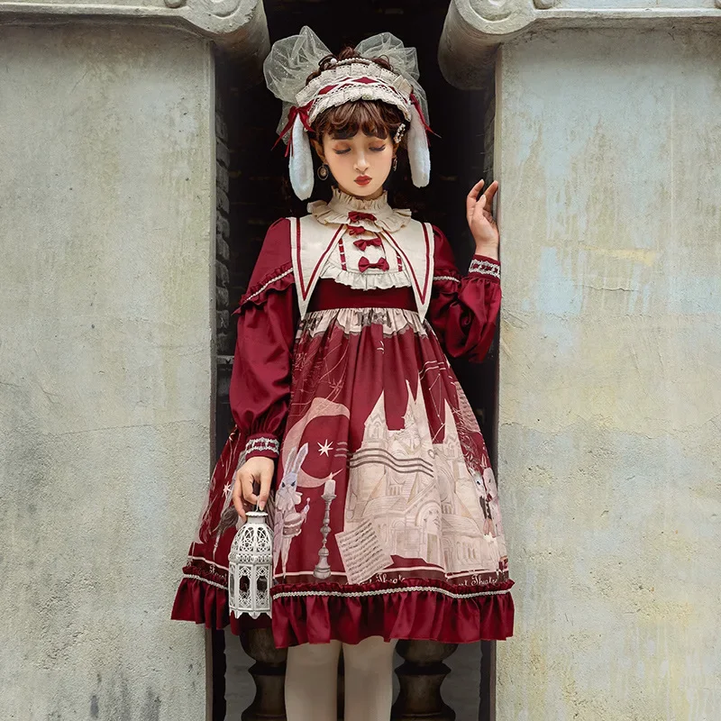 Leśne kino ~ weet Sukienka Lolita Sukienka na imprezę z długim rękawem i odpinanym szpiczastym kołnierzem