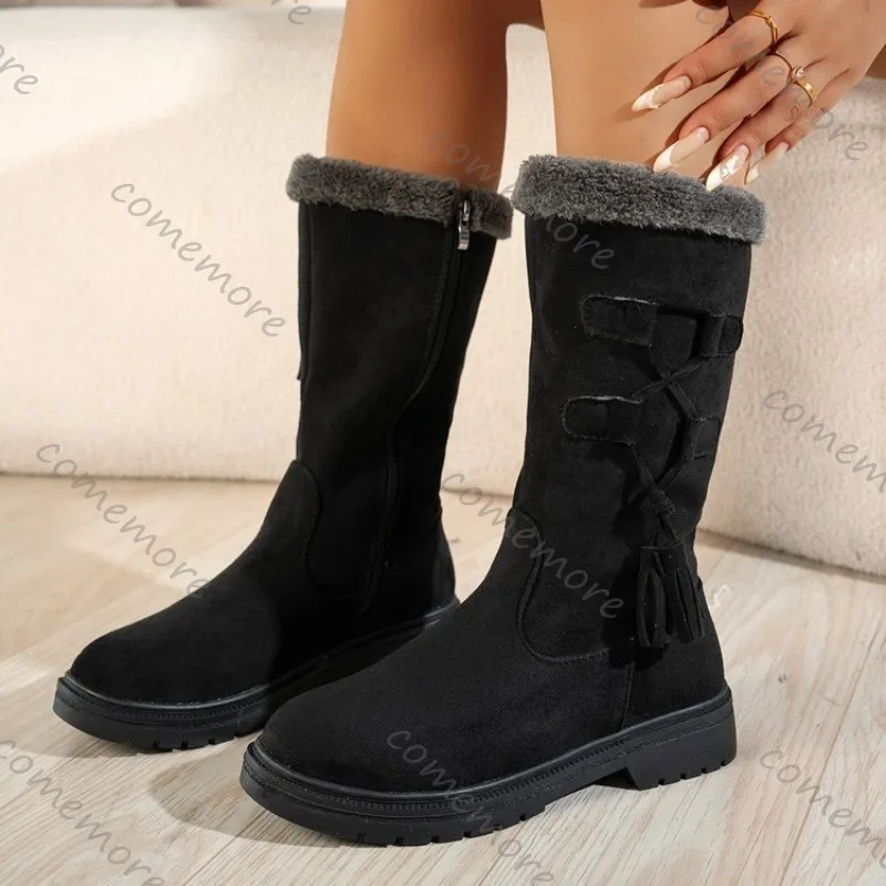 Comemore أحذية الثلوج النساء 2025 الشتاء خمر الجلد المدبوغ شرابة منتصف العجل الأحذية الدافئة طويلة أفخم المرأة الجلد المدبوغ الصلبة عالية بوتاس الأحذية