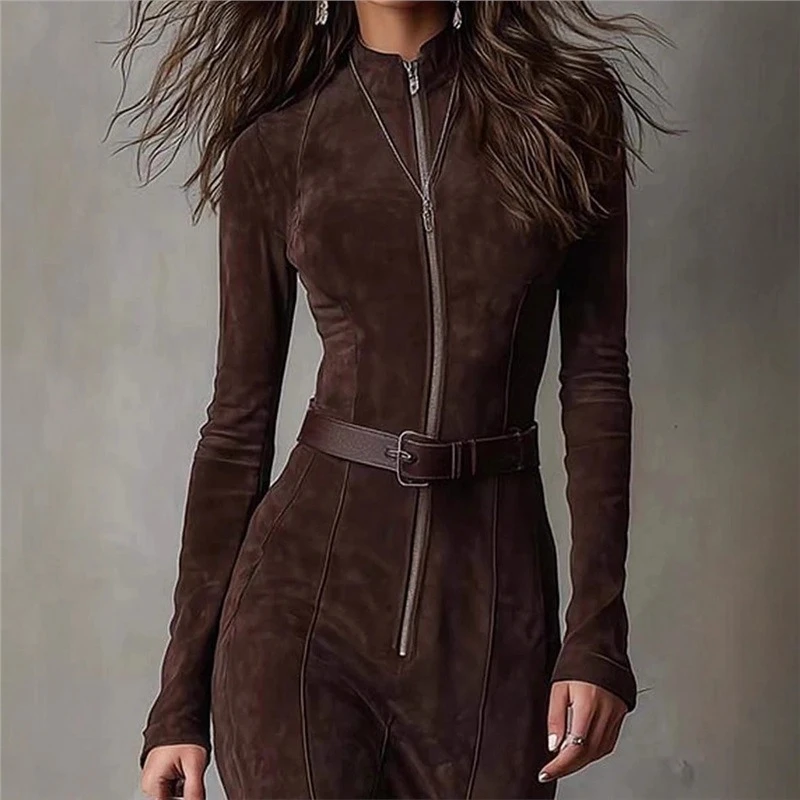 Women Elegant Lace-Up Belted Long Sleeve Slim Fit Solid Maxi Dress O-Neck Split Zipper, Casual Party Outfit For Wedding Guest