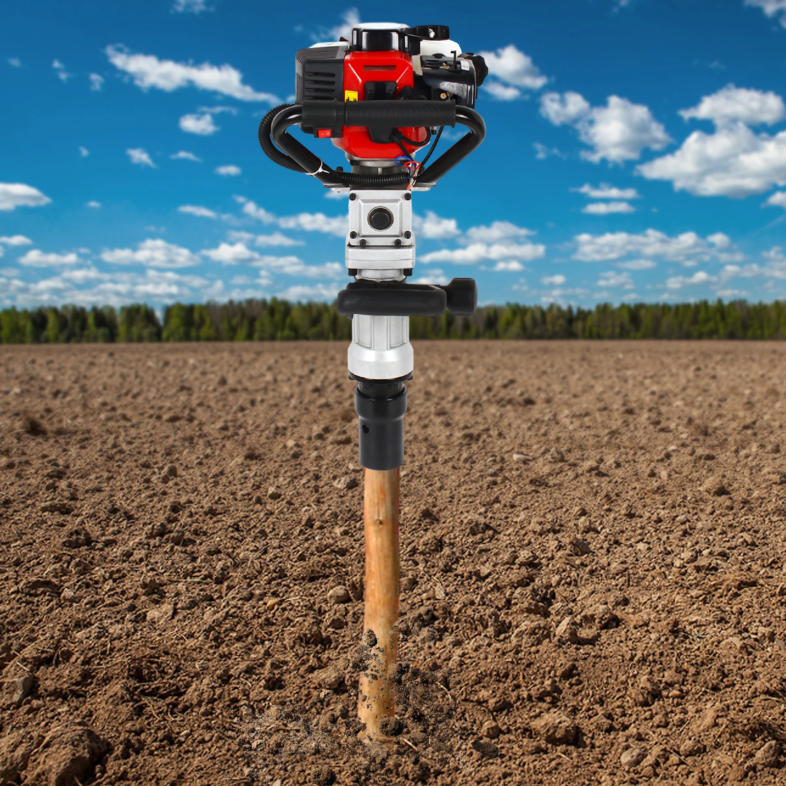 Powered T Fence Post Driver, Portable Farm Piling Driver Single Cylinder Gasoline Push Tool Machine for Fence Posts Stakes Pipe