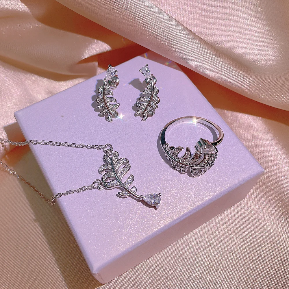 

Fashion Feather Leaf Flower Three-Piece Set Ring Pendant Necklace For Women Zircon Silver-Plated Valentine's Day Gift Jewelry