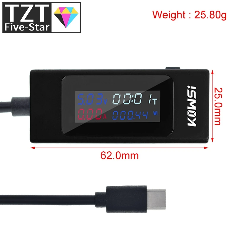 TZT 4-30V 6.5A Voltage Type-C USB-C Tester Current Meter Timing Ammeter Digital Monitor USB Charger Tester Power Meter KWS-065C