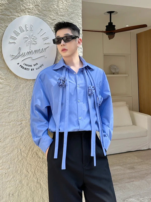 

Spring 2025 Men's Long Sve irt 3D Flower Design Loose Fit Casual Faion Korean Sle Stand Size Iron-Free Youth Trend