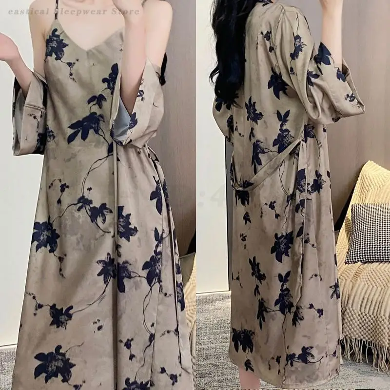 

Summer New Casual Loose Night Dress Printing Novelty Lounge Sleepwear Home Clothes 2Pcs Elegant Spaghetti Strap Nightdress