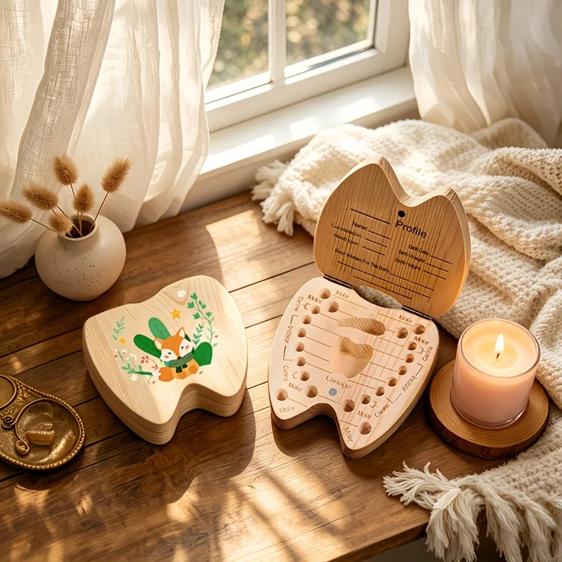 Wooden Animal Theme Tooth Keepsake Box Tooth Shaped Storage Box For Teeth Fetal Hair 2D Flat Birthday Halloween Christmas Gift