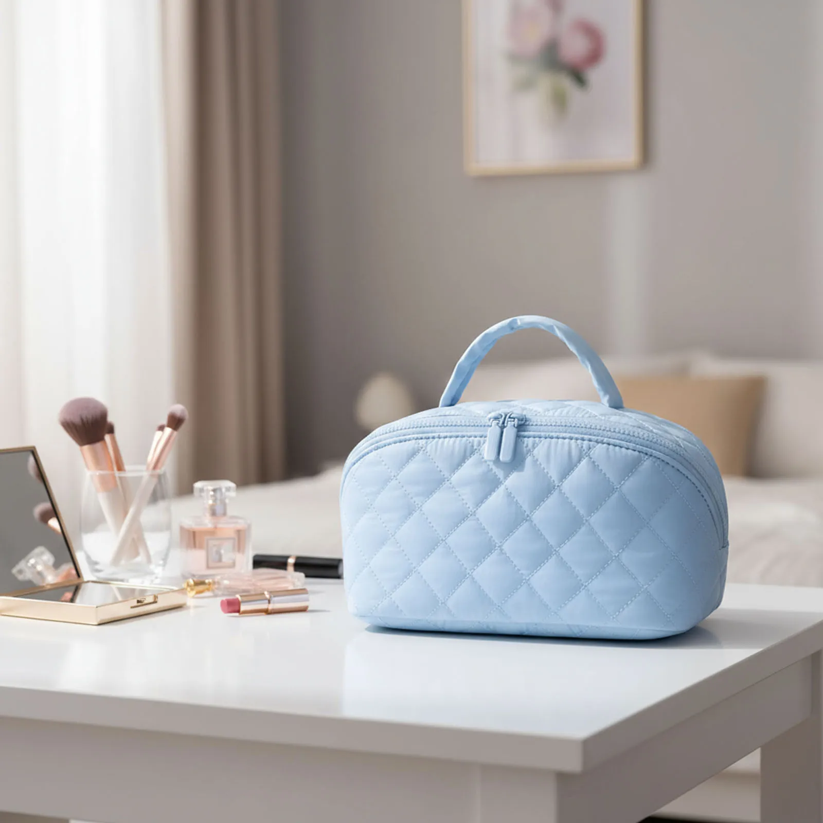 

Travel Makeup Bag Open Flat Toiletry Bag Pouch Wash Bag for Women Travel (Blue)