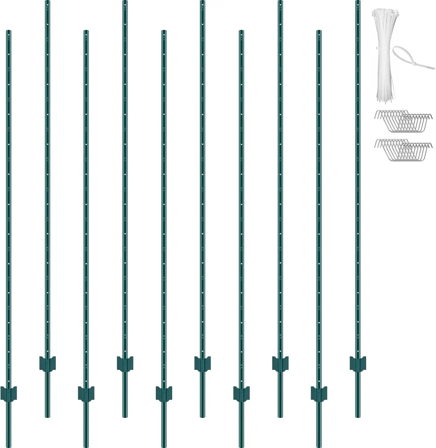7 Feet U-Channel Metal Fence Post, 10 Pack with 50 Zip Ties & 20 Clips, Sturdy Steel Stakes for Garden Yard, Lawn, Farms and Out