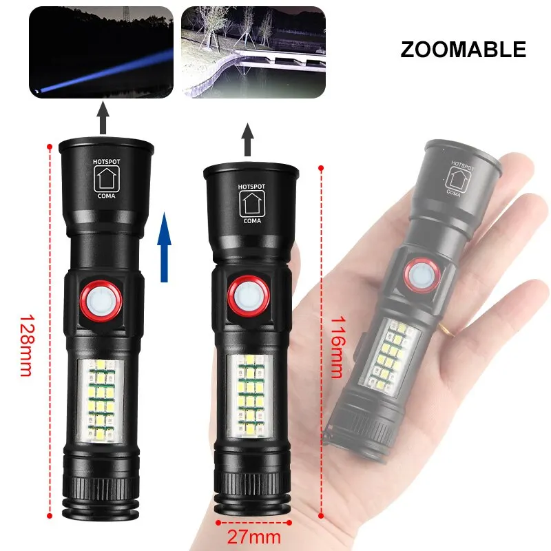 LED Rechargeable Flashlight High-power with 10W Lamp Beads Portable Torch 5 Lighting Modes Zoomable Red Blue Camping Light