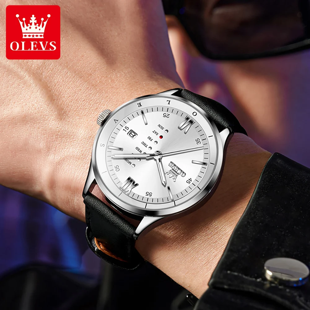 OLEVS Orologi da uomo 2931 Trend Fashion Cinturino in pelle Orologio al quarzo originale per uomo Impermeabile Luminoso Data Settimana Orologio da polso Nuovo
