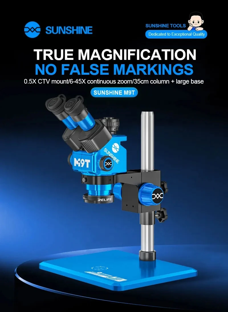 

SUNSHINE M9T - B11 Trinocular Stereo Microscope 6 - 45X Zoom,0.5CTV Interface, Large Workbench for Phone Maintenance & Research