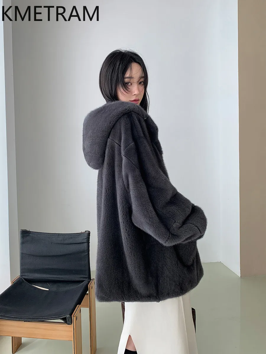 KMETRAM 100% chaqueta de piel de visón entera para mujer, abrigo de piel de visón auténtica de longitud media de alta calidad, ropa de invierno con capucha para mujer 2026 Fourrure